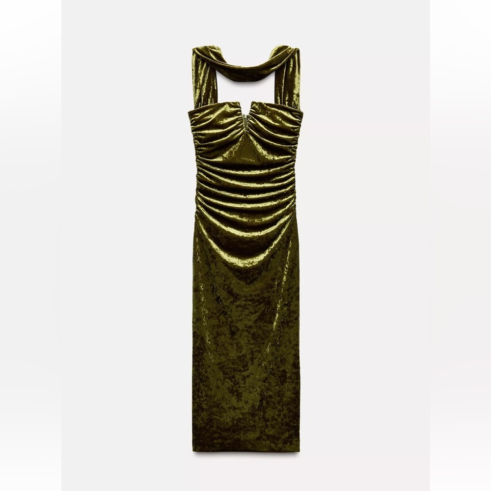 Zara Olive Green Velvet Midi Dress
